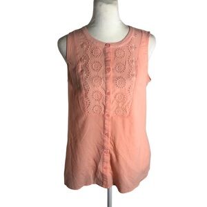 LOFT button front embroidered sleeveless pink top Sz XS